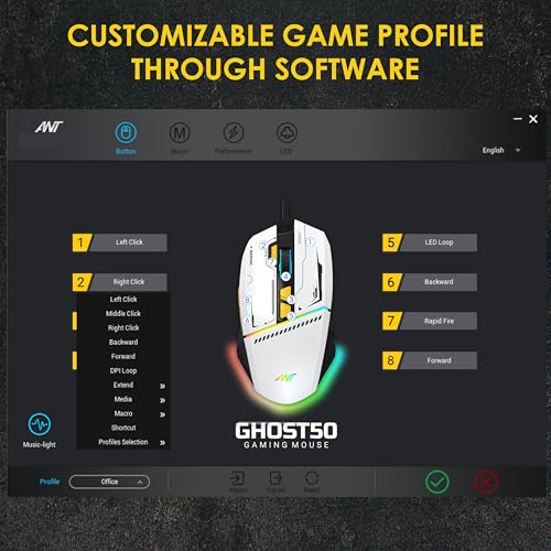 Image of Ant Ghost 50 RGB Gaming Mouse with12800 DPI Wired Optical Gamer Mouse with 8 Programmable Buttons & Software Support DIY Key Binding Fast Fire Button 1KHz Polling Rate - White