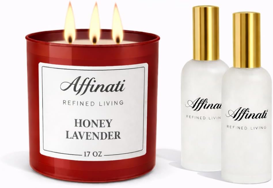 Affinati Candle & Room Spray Bundle – 17 oz 3-Wick Candle + 2 Room & Linen Sprays (4 oz) – Strong Scented Soy Blend Set – Long Lasting Home Fragrance for Room & Linen (French Vanilla)