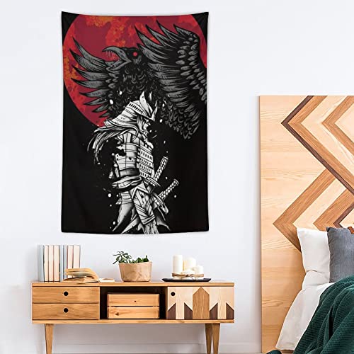Qlazo Japanese Samurai Guard Black Crow Sunset Art Tapestry Tapestry Wall Hanging Curtain Decor Bedroom Home Living Room Wall Art Tapestries 40"X60" #TOP3
