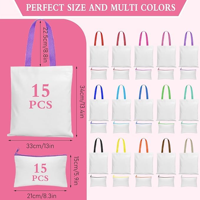 Malloom Lot de 30 sacs de maquillage vierges en toile à transfert thermique pour bricolage, Halloween, cadeaux de Noël (15 couleurs)