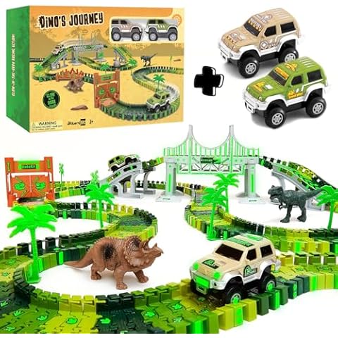 JITTERYGIT Dinosaur Track and 2 Extra Race Jeeps Christmas Bundle Gift, Glow in the Dark STEM Car Racing Birthday Set, Carros De Pista, Amazing Racetrack Present For Kids, Ages 3 4 5 6 7 8 9 Years Old Cover