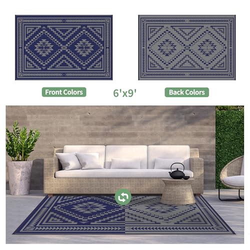 Image of GENIMO Outdoor Rug, Waterproof Plastic Rugs for Patio, 6'x9' Dusty Blue