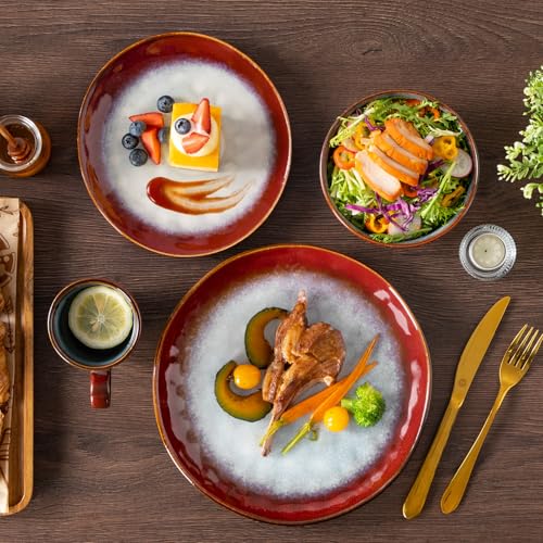 Image of vancasso Starry 16 Pieces Dinnerware Set for 4, Handmade Reactive Glaze Stoneware Plates and Bowls Set, Dishes Set with Mugs for 4, Microwave & Dishwasher Safe, Red