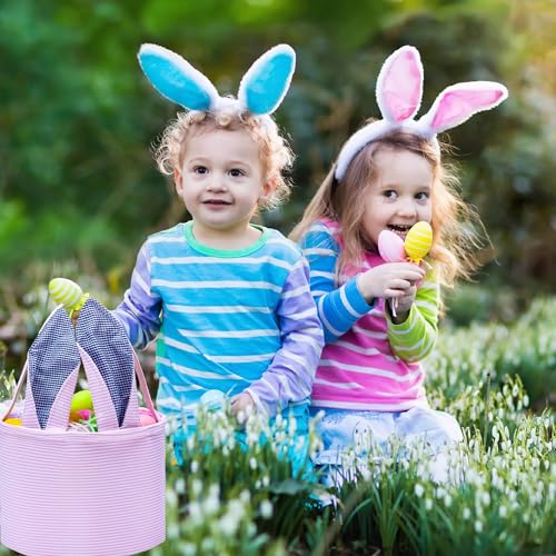 Image of Easter Basket Seersucker Egg Hunt Bunny Baskets for Kids with Cute Rabbit Ears Stripe Storage Gifts Candies Personalized Easter Party Gifts