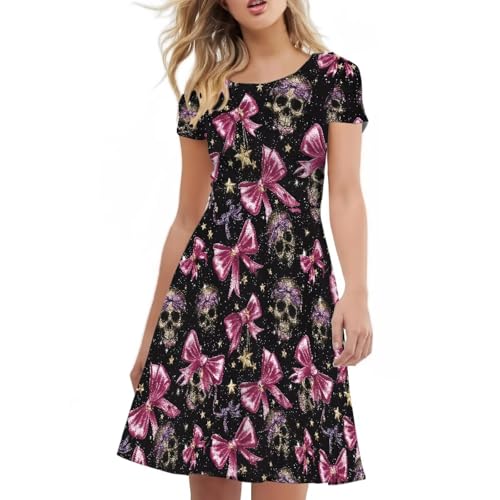 Image of HUGS IDEA Womens Puffy Swing Midi Dress Round Neck Short Sleeve Party A-Line Dresses