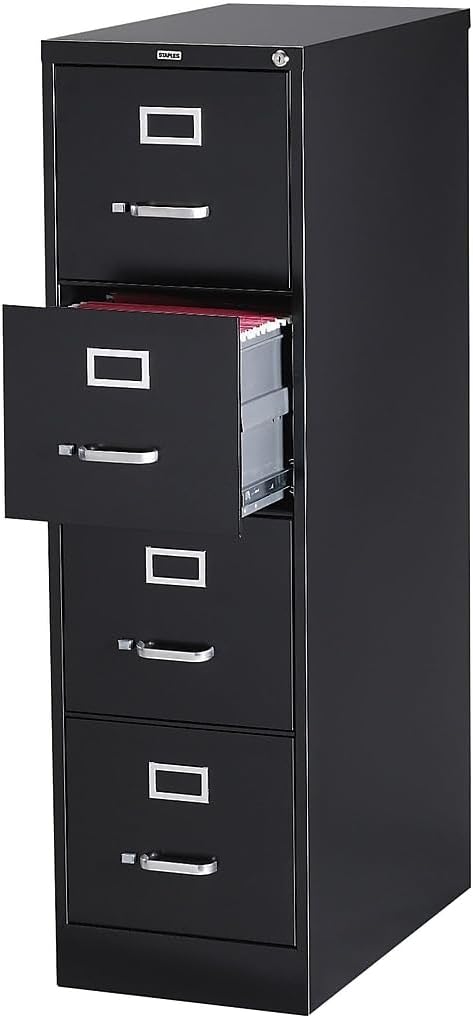Staples 4-Drawer Vertical File Cabinet, Letter Size Documents, Lockable, 25″ D x 15″ W x 51.97″ H, Black Staples 4-Drawer Vertical File Cabinet, Letter Size Documents, Lockable, 25″ D x 15″ W x 51.97″ H, Black