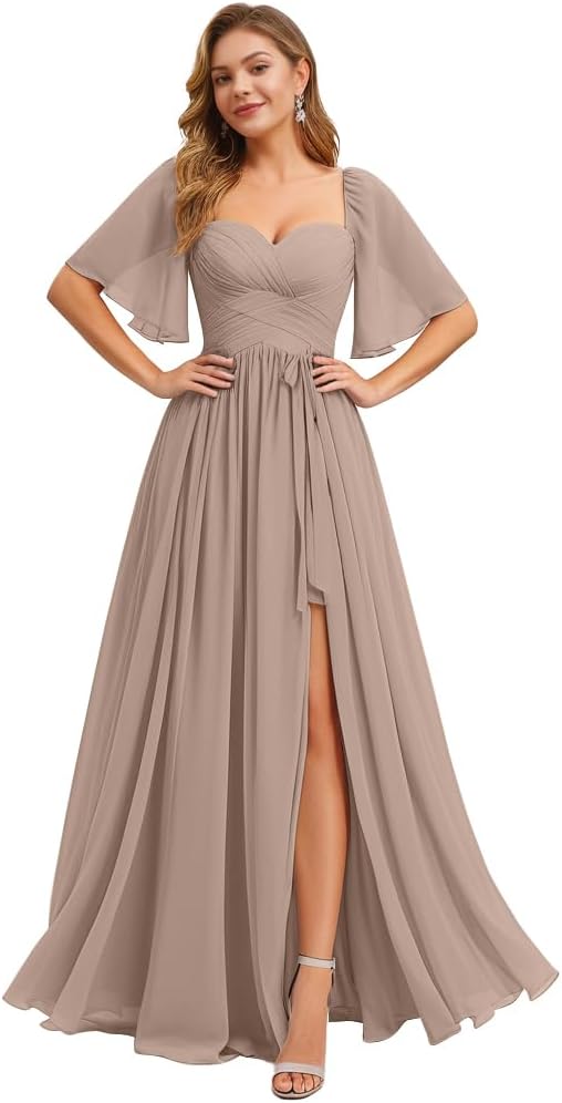 IIF Women's Chiffon Bridesmaid Dresses for Wedding Flutter Sleeves Ruched A Line Long Formal Dress with Slit IIF149