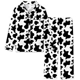 Schbbbta Women Silk Pajamas Loungewear Satin Long Sleeve Button Down Sleepwear 2-Piece Pj Set, Cow Print, Medium