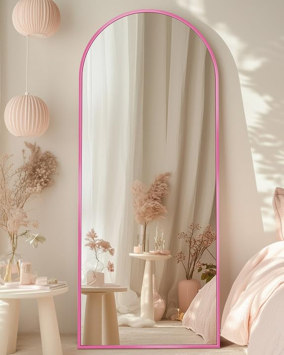 Full Length Mirror, 58"x19" Arched Floor Mirror Freestanding, Floor Standing Full Body Mirror with Stand for Bedroom, Hanging Mounted for Living Room Cloakroom,Pink