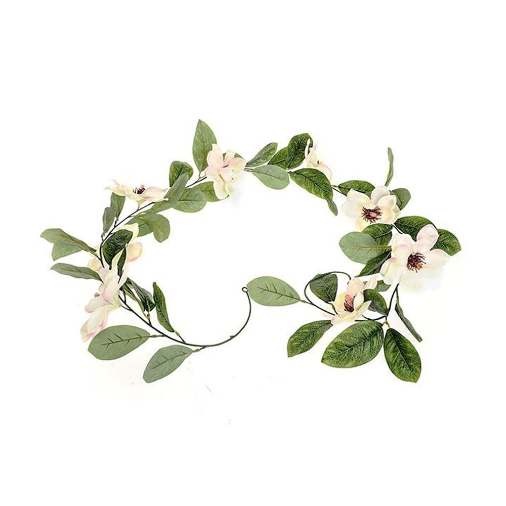 FloristryWarehouse Faux Silk Cream Magnolia Flower and Green Leaf Garland 180cm Long