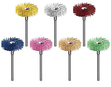 Dedeco Sunburst - 7/8 Inch TC 4-PLY Radial Bristle Discs - Precision Thermoplastic Rotary Cleaning and Polishing Tool Set, Assorted: 1 of Each 7 Grit Textures 3/32 Inch (2.35mm) Shanks (7 Piece)