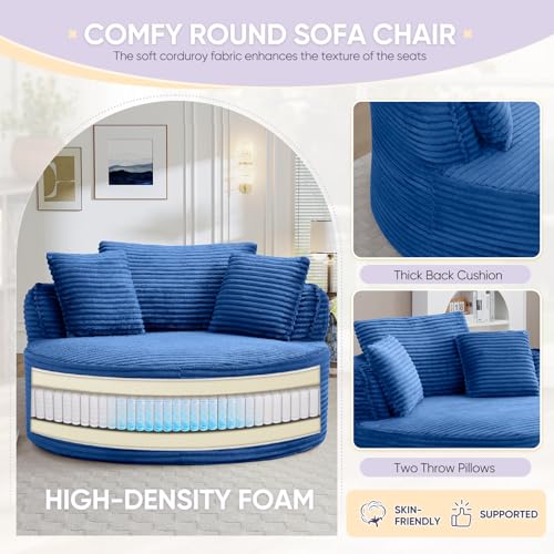 Image of Antetek 53.5-inch Round Chair, Modern Accent Corduroy Comfy Deep Seat Boneless Foam Floor Single Circle Chaise Sofa Chair with 3 Pillows for Living Room Bedroom Office, No Assembly Required, Blue