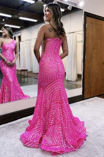 Sparkly Sequin Prom Dresses for Women 2024 Mermaid One Shoulder Formal Evening Party Gowns3