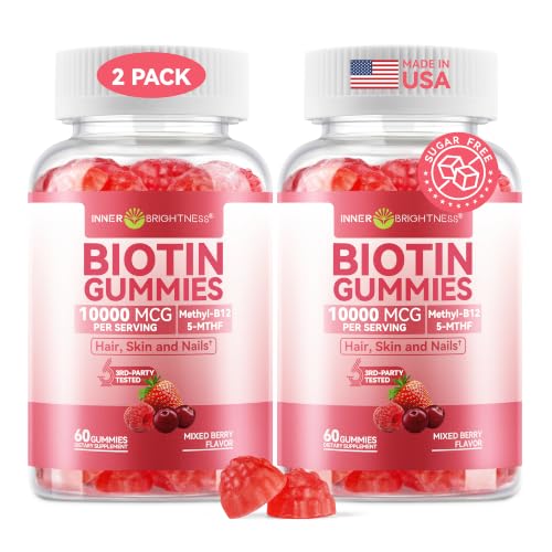 Inner Brightness Biotin Gummies 10 000 mcg Hair Skin and Nails Support for Women & Men with Vitamins C D3 B6 B12 & Folate Mixed Berry Flavor Sugar Free 120 Count (2 Pack)