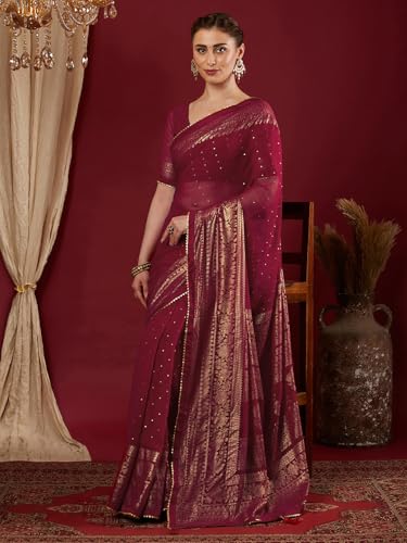 Image of SAMAH Women's Georgette Foil Printed Lace Work Saree with Unstitched Blouse Piece