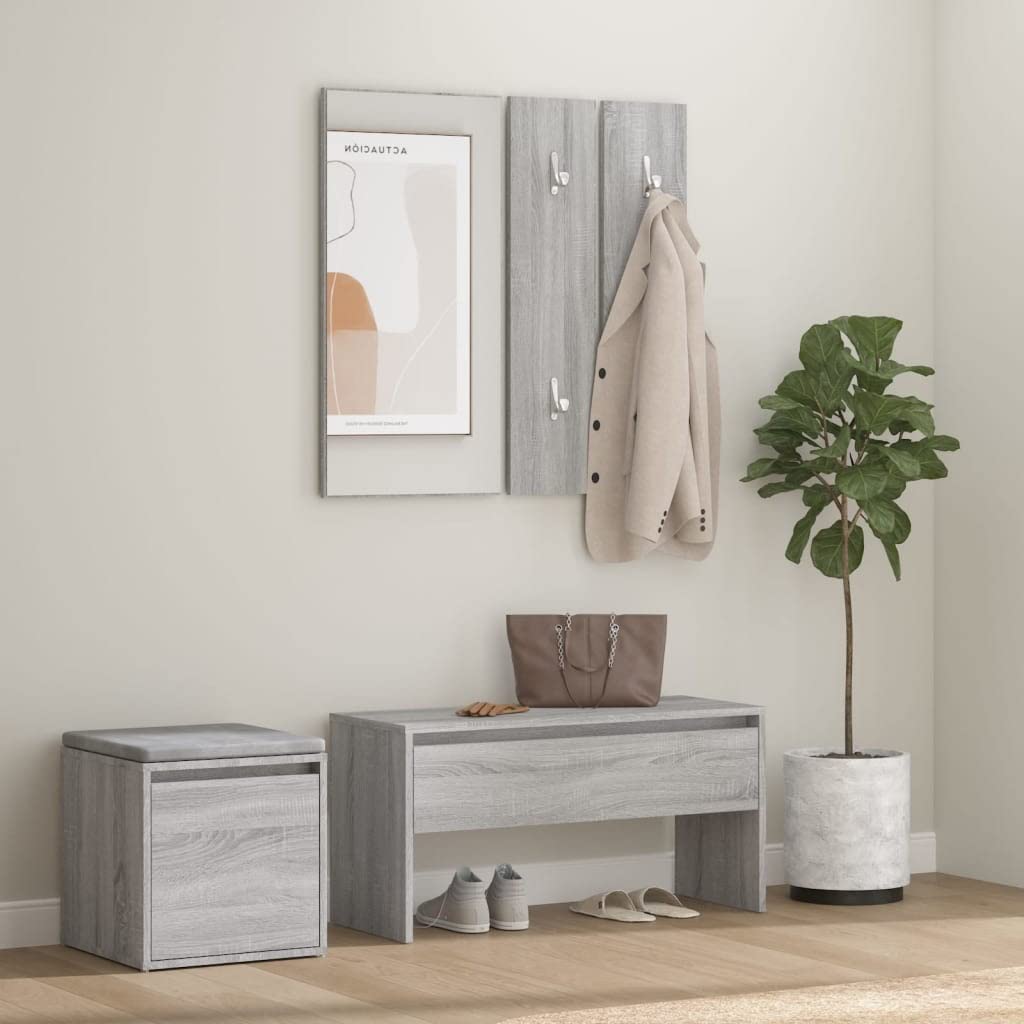 Juego de muebles de madera para pasillo con caja de almacenamiento, cajón, espejo y percheros para entrada organizada, solución de almacenamiento de 5 piezas