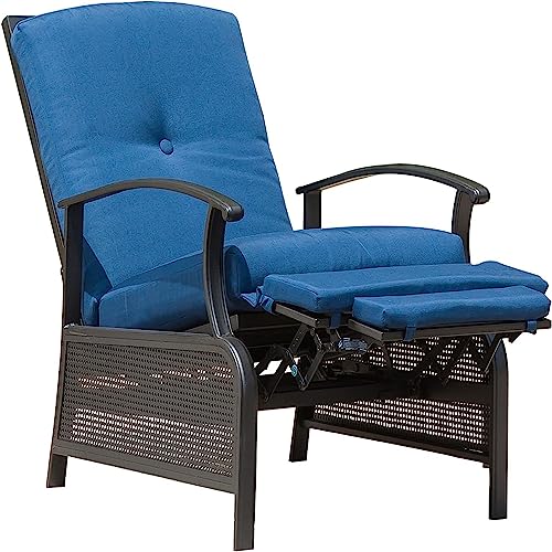 GOWE Patio Recliner Chair with Cushions,Outdoor Adjustable Lounge Chair,Reclining Patio Chairs with Strong Extendable Metal Frame for Reading,Garden,Lawn (Blue, 1 Chair)