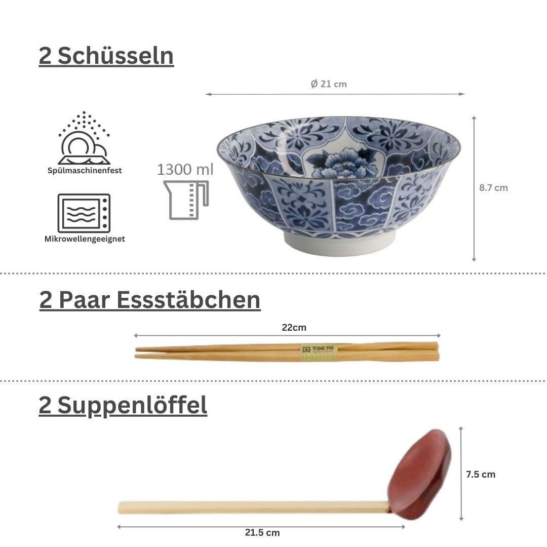 teeblume TOKYO Design Wa Botan Schalen 2er Set | Japanisches Porzellan | Suppenschalen mit Blumenmuster | Ø 21 cm, 8.7 cm hoch, 1300 ml | Geschenkset mit Essstäbchen & Holzlöffel | Made in Japan