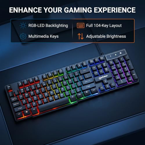 Image of MANHATTAN RGB LED USB Gaming Keyboard - Full Size, Rainbow Backlight, Spill-Resistant, Quiet Keystrokes, 12 Multimedia Function Keys, for Computer, PC, Desktop, Gamer - 3 Yr Mfg Warranty - 180603