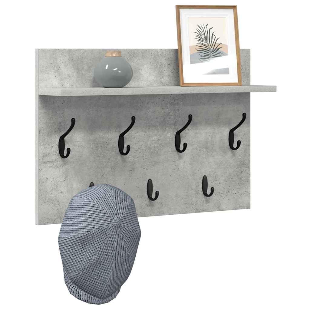 Perchero de pared gris hormigón 60 x 40 x 12 cm de material de madera con estantes y ganchos – Diseño moderno para pasillo, entrada y salón