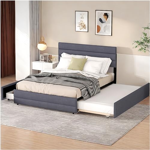 Sapgaks Lit double 140 x 200 cm, lit double avec rangement, avec lit gigogne pour deux personnes (gris)