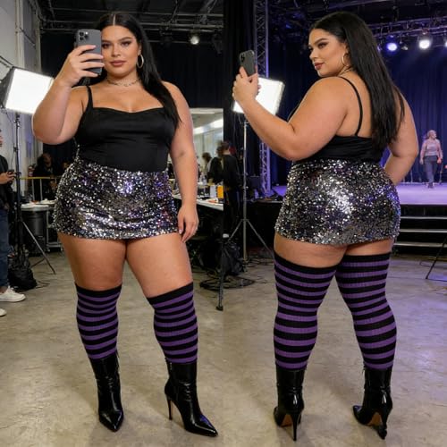 Image of DRESHOW Plus Size Thigh High Socks Striped Over Knee Long Boot Stockings Knee High Tube Socks Leg Warmers for Women