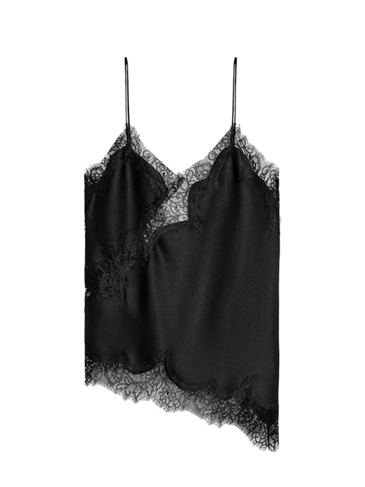 Camisola De Seda Top de Encaje Liso con Tirantes for Mujer, sin Mangas, Retazos, Irregular, Elegante, Informal, for Vacaciones Verano