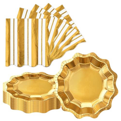 LDFDRT Lot de 20 assiettes en carton et serviettes dorées de 17,8 cm, 20 assiettes en carton + 20 serviettes dorées, vaisselle jetable dorée, vaisselle de...