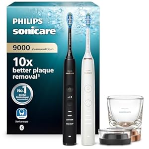 Philips Sonicare DiamondClean 9000 elektrische Zahnbürste, Schallzahnbürste mit App, Andruckkontrolle, 4 Putzmodi, 3 Intensitätsstufen, Ladeglas, Schwarz und Roségold, Zweierpack, Modell HX9914/57