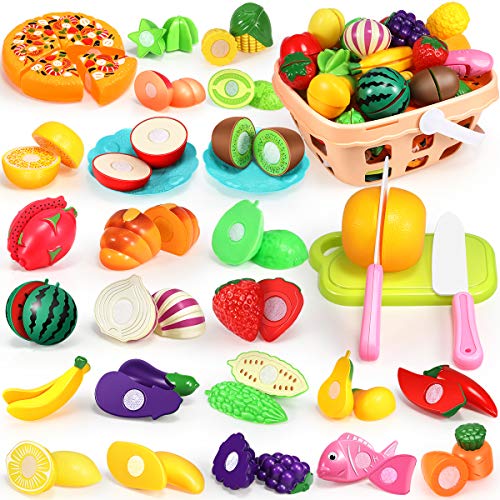Geyiie Play Food for Kids Kitchen Toys -36PCS Pretend Food Cutting Fruits Vegetables Pizza Playset for Pretend Role-Play, Early Educational Development with Carry Basket,Gift for Boys & Girls