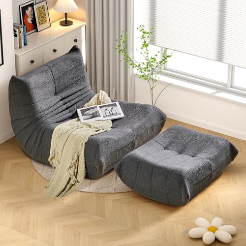 okwish Schlafsofas Relaxsessel mit Rückenlehne und Fußstütze, Lazy Sofa, Indoor-Sitzkissen, Faltbarer Meditationsstuhl, geeignet für Schlafzimmer, Wohnzimmer, Grau
