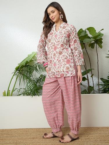 Image of EthnicJunction Women's Linen Floral Print Summer Wear Straight Short Kurti With farshi Salwar Set | Kurta Pant Set | Office wear Kurta Set | farsi salwar suit | raksha bandhan gift dress for women