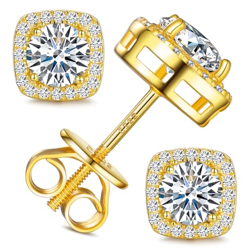 Moissanite Square Halo Stud Earrings Screw Back 0.2-8ct 3-10mm 18K White/Yellow Gold Plated 925 Sterling Silver Moissanite Earrings for Women Men