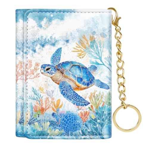 Image of Turtle Small Wallet Women, RFID Blocking Trifold Wallet, Cute Credit Card Holder with Kaychain, Credit Card Wallets, Vegan Leather, 7 Card Slots, ID Window, Wallets for Women Ladies Girls