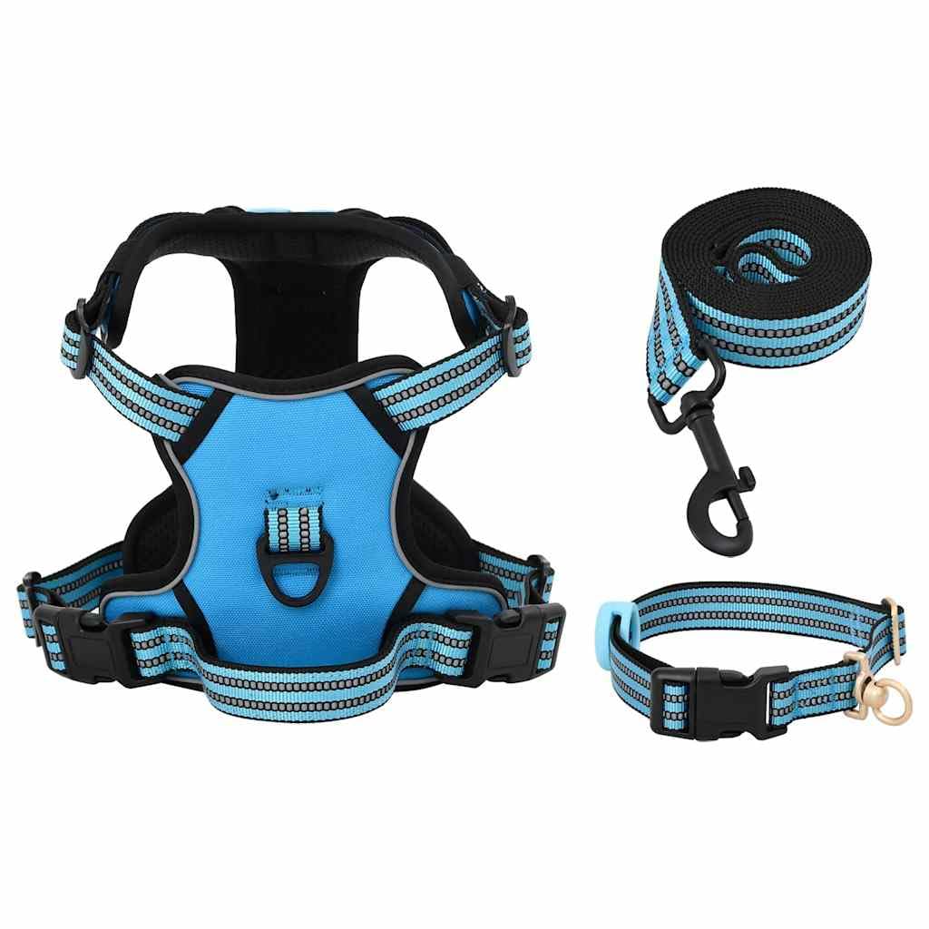 Verstellbares Hundegeschirr mit Leine und Halsband aus Polyester Blau L, 4 Gurte, reflektierend, sicher für Gassi, Training, draußen und zuhause Komfort