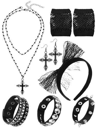 7 Pcs 80s Women Costume Accessories Halloween Leather Punk Bracelet Black Cross Necklace Lace Headband Fishnet Glove