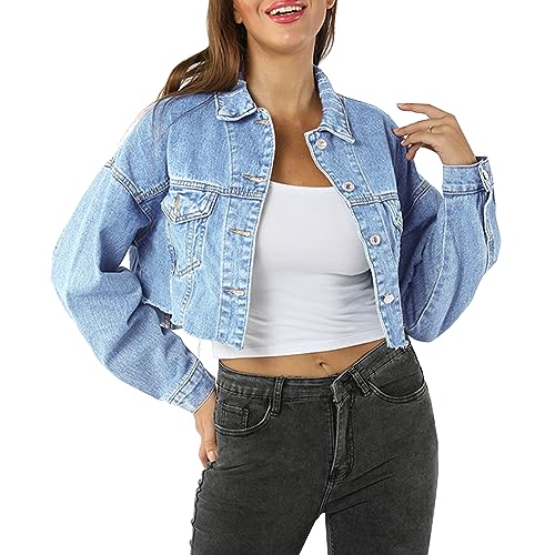 LONGYIDA Women's Jean Jacket Cropped Distressed Denim Jacket Long Sleeve