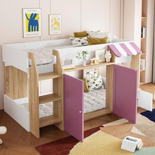 Fppuueg Cama Alta 90x200 cm con Forma de Casa, Litera Infantil con Espacio de Almacenamiento, Literas Juveniles con Escalera, Cama Litera Individual, Marco de Madera, Rosa y Blanco, Sin Colchón