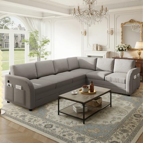 Image of KCGKCG 115.2 inch L Shaped Couch Bed, Sectional Couches for Living Room, Teddy Fabric Sleeper Sofa Bed with Pull Out Couch, Convertible Sectional Couch with Charging Station & Side Pocket, Light Grey