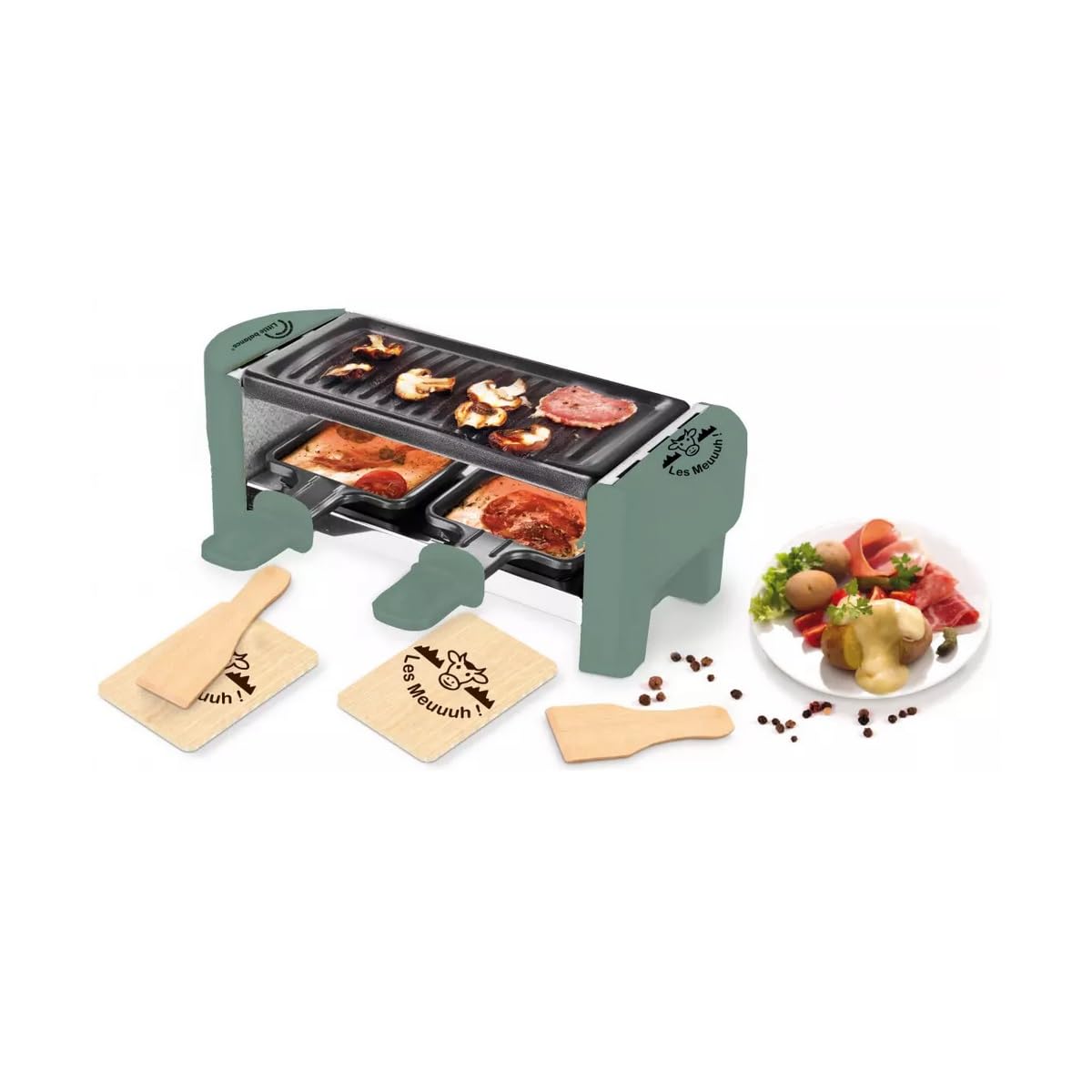 Litle Balance 8746 Raclette 2 Meuuuh...!, Raclette 1/2 personas, Grill extraíble, 2 espátulas + 2 planchas, sin PFAS, antiadherente, 320 W, abeto