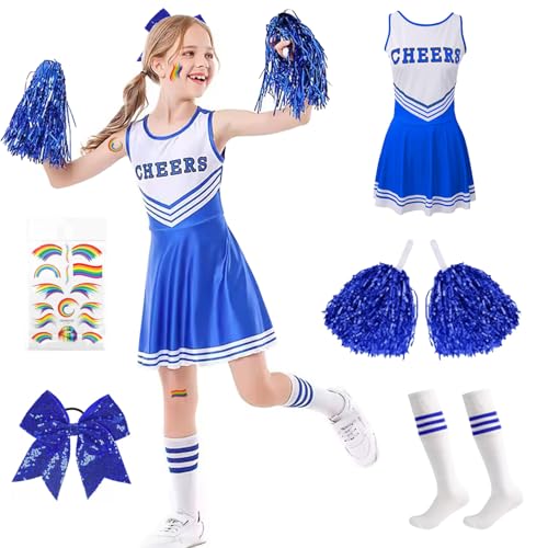 Hengrongshen Fato Cheerleader menina com vestido, pompões, meias, laço e mosquetas, Fato Cheerleader menina para carnaval, Halloween (120)