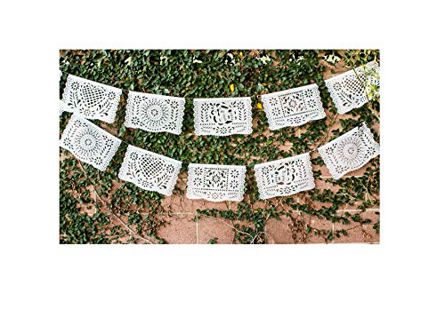 Paper Full of Wishes Medium White Tissue Papel Picado Banner - 12 Panels Over 16 Feet Long - Ideal for Baptisms, Weddings, Mexican Celebrations, Etc.