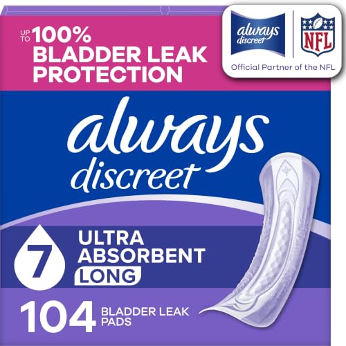 Always Discreet Adult Incontinence Pads for Women, Drier, 7 Drop Long Length, Ultra Absorbency, Pads for Bladder Control Management, Bladder Leaks, Overnight & Postpartum Pads, 104ct