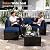 Aoxun 8 Piece Patio Furniture Set with 44” Fire Pit Table Wicker Rattan Outdoor Sectional Sofa Set with Coffee Table and Thickened Cushions, Blue (Waterproof Cover Included)