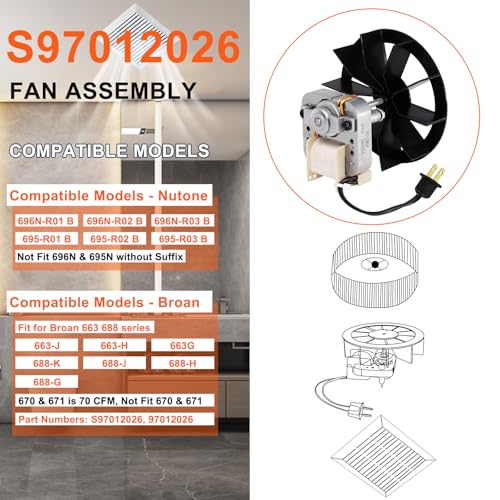 Image of 688-K /688-J 50CFM Fan, S97012026 Replacement Motor for Nutone Broan 688-K, 688-J, 688-H, 688-G, 663-H, 688K, 688J, 688H, 688G, 663H, 663G, Bathroom Exhaust Fan Motor 696N-R02 B Unit, 695-R03 B Unit.