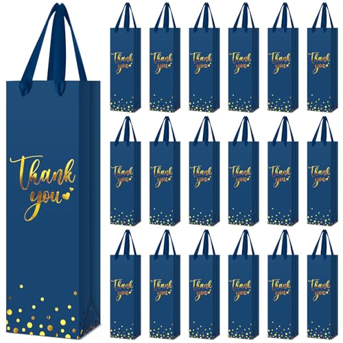 Ctosree 30 Pcs Wine Bottle Gift Bag with Handle 4.3x3.5x13.7 Liquor Paper Bag for Thank You Favor Gold Foil Kraft Whiskey Tote Carrier for Graduation Party Wedding Birthday(Business Blue)