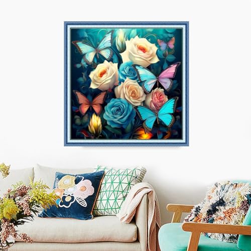 Image of Foxdiviy Stamped Cross Stitch Kits Full Range of Embroidery Needlework Starter Kits for Beginners Adults 11CT Embroidery Patterns Art Crafts DIY Needlepoint Kits-Butterfly Flowers 18x18 inch
