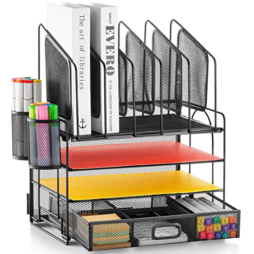 Marbrasse Desk organizer with Drawer, 4-Tier Mesh File Organizer with 5 Vertical File Holders and 2 Pen Holders, Multifunction Desktop Organizer,Desk Organizers and Accessories for Home Office