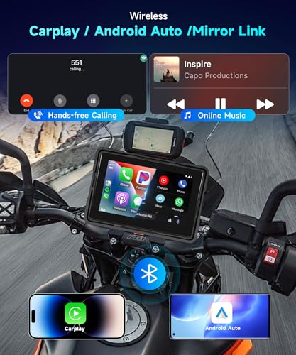 HD IPS Touch Screen Portable Wireless Apple Carplay Screen for Motorcycle&Wireless Android Auto GPS Navigation for Motorcycle,Car Play with Dual Bluetooth Waterproof,Siri,7Inch for Motorbike METEESER