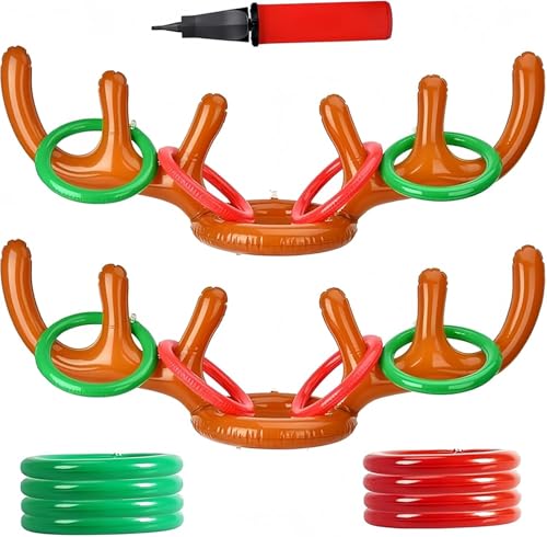 Christmas Party Toss Game Inflatable Reindeer Antler Hat with Rings for Adults Christmas Games Family Xmas Fun Games,Christmas Activities (2 Antlers?8 Rings,1 Pump)
